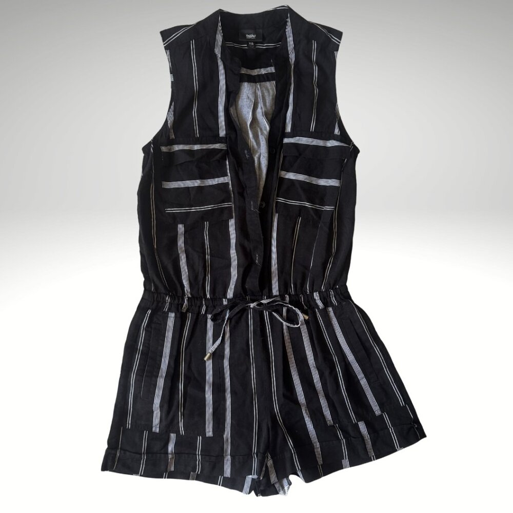 Mossino Striped Button-Front Romper Black White Size XS